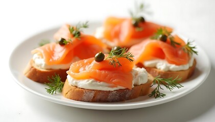 toasted bread topped with ham, tomato slices, basil, and a savory sauce, arranged on a white marble serving board.
