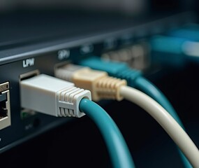 A sharp, high-contrast photograph of a network switch with multiple Ethernet cables plugged in, capturing the intricate details of the cables' twisted wires and the switch's sleek, modern design. The 