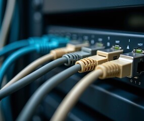 A sharp, high-contrast photograph of a network switch with multiple Ethernet cables plugged in, capturing the intricate details of the cables' twisted wires and the switch's sleek, modern design. The 