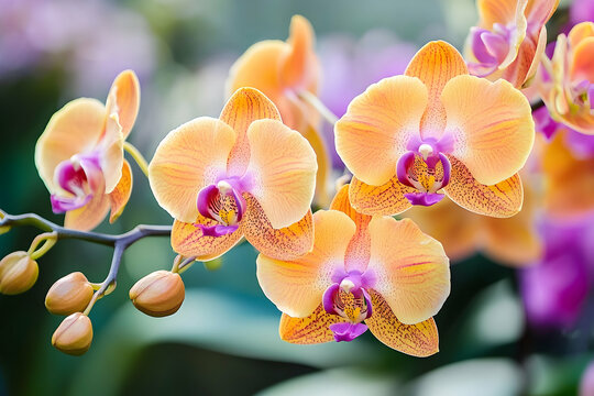 Delicate beauty of orange moth orchids with buds in radiant focus