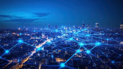 Night city skyline connected by network. Aerial view. Possible stock photo use
