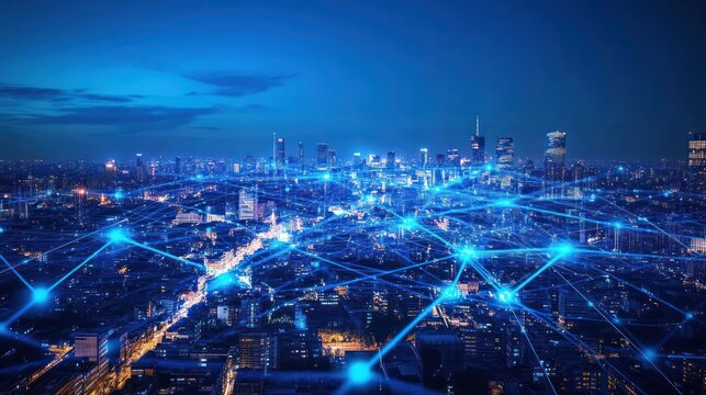 Night city skyline connected by network. Aerial view. Possible stock photo use