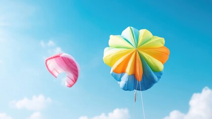 Colorful kites soaring against a bright blue sky