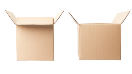two open cardboard boxes are positioned side by side on a white background showcasing their empty interiors and flaps lifted upwards suggesting potential for storage or shipping purposes