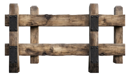 Naklejka premium rustic wooden fence made of horizontal planks held together by metal brackets suggesting a sturdy and traditional design often used in rural or agricultural settings