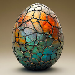 Intricate dragon egg rests in a fantasy realm with vibrant colors of brown, blue, green, and orange, showcasing an artistic design that invites curiosity and wonder at its ancient secrets
