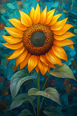 Vibrant sunflower in full bloom glowing with golden hues against an intricate teal background showcasing nature's exquisite beauty and artistic wonder