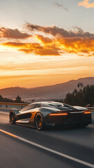 Fototapeta premium Rear angle of a black hypercar speeding on highway curves against a breathtaking sunset, exuding power and precision—tailored for phone backgrounds.