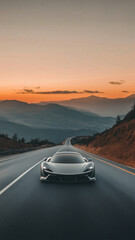 A futuristic hypercar speeds toward the camera on a curving mountain highway at dusk, perfect for dynamic phone wallpapers.

