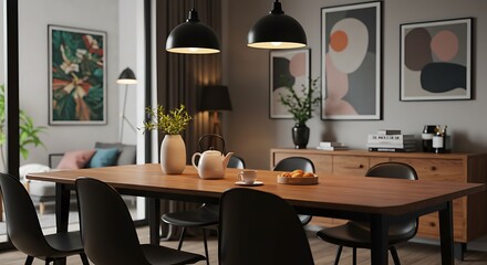 Stylish dining room with a wooden family table, black chairs, teapot with mug, and mockup art paintings. A modern and elegant home interior inspiration template.