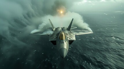 Obraz premium Fighter jet soaring over ocean during explosive aerial maneuver, dramatic clouds and smoke in background