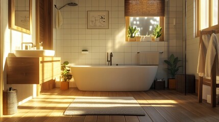 Sunlit modern bathroom, wood floors, plants, morning light, serene spa-like design, home decor