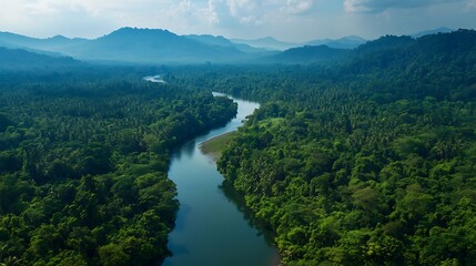 Lush river winding through dense tropical forest