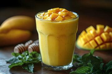 Invigorating mango smoothie with fresh mint and honey, an exquisite tropical delight