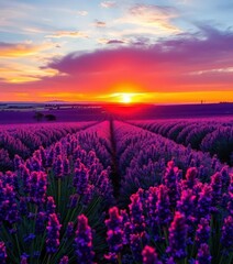 Fototapeta premium Sunset paints lavender fields in vibrant hues, creating a breathtaking panorama, botany, view, countryside