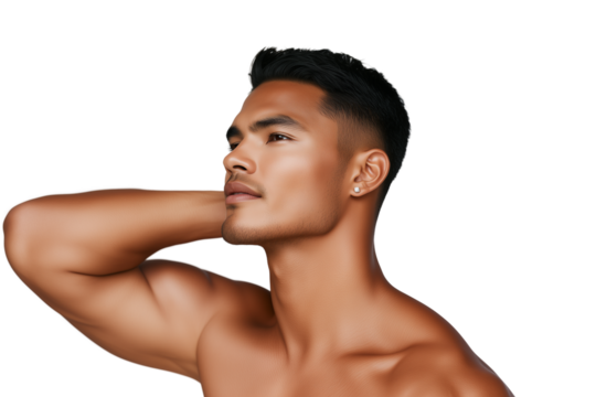 Confident young Latino man posing shirtless, isolated on white background
