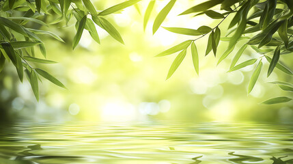 Bamboo Leaves and Water Ripples with Sunlight Creating a Serene Scene
