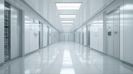 Modern Technology Infrastructure: High-Tech Data Center Corridor with Advanced Server Room Design