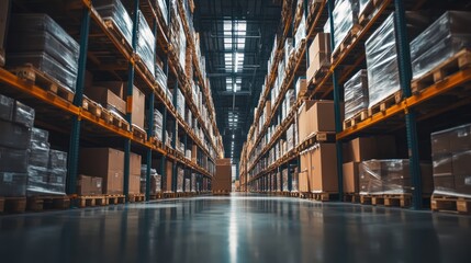 Fototapeta premium Warehouse aisle, boxes stacked high, logistics