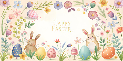 Banner, poster, greeting card Happy Easter with lettering, bunnies, flowers, eggs, in pastel colors. Modern and minimal style