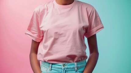 Woman in pink shirt with pastel backdrop. (1)