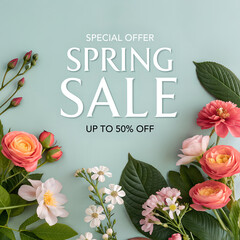Cute calligraphic lettering of spring sale with colorful floral frame. Perfect for sale banner, poster, print etc.