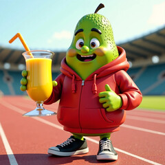 An expressive avocado mascot holding a glass of smoothie