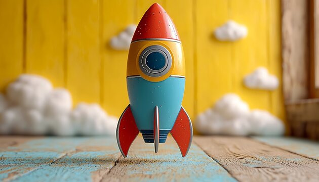 Toy rocket launching, wood floor, yellow background