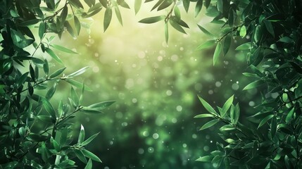Lush green leaves frame sunlit forest; nature backdrop