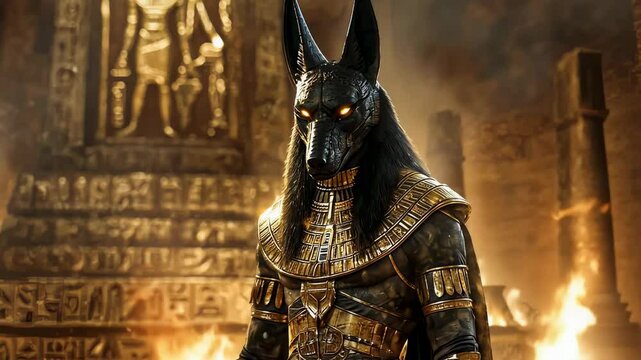 A captivating portrayal of Anubis, the Egyptian god of the afterlife, standing majestically in an ornate temple.