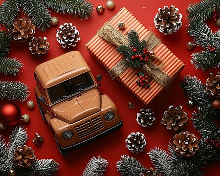 Toy truck, gift, Xmas decor, red background