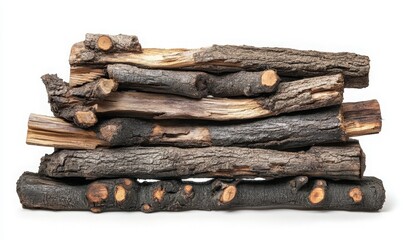 Neatly Stacked Firewood Logs Showcasing Natural Textures and Colors Against a Clean White Background for Outdoor, Heating, and Rustic Decor Themes