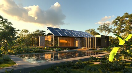 Modern solar home, sunset, pool, lush landscape, eco-friendly design