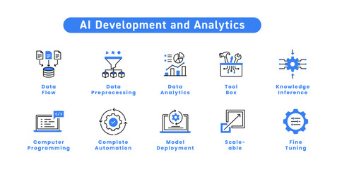 AI Development and Analytics. Programming, Analytics, Data Preprocessing, Data Flow, Model Deployment, Fine Tuning, Tool Box, Automation, Scale, Knowledge Inference.