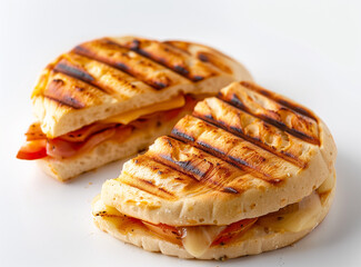 Fototapeta premium Savory grilled panini with cheese, ham, and tomato, isolated on a white background