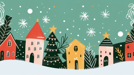 Fototapeta premium Whimsical scene of charming old houses adorned with festive decorations, capturing the warmth and joy of the holiday season.