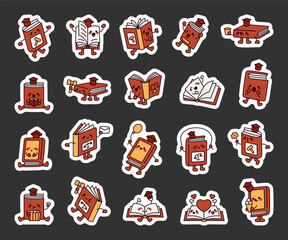 Set of law books with graduation caps, judge hammers, and various expressions, featuring reading, studying, holding objects like a smartphone, envelope, representing justice, education