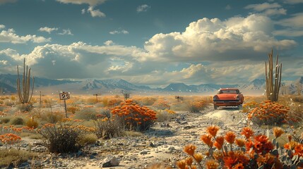 A vintage car parked on a winding desert road surrounded by vibrant orange flowers and mountains