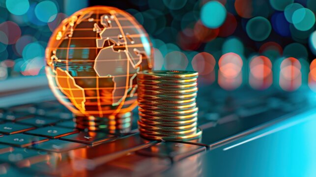 A laptop with a stunning globe hologram showcases innovative finance, symbolizing a global network of opportunities.