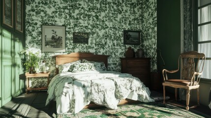 Green bedroom, sunlight, floral design, calm