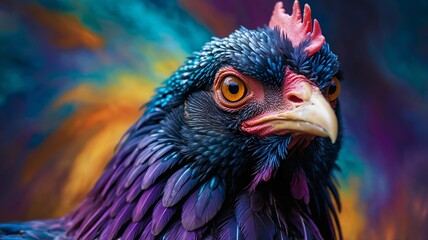 Colorful Chicken Portrait with Iridescent Plumage and Detailed Feathers against Abstract Background