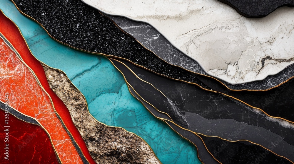 Poster artistic representation of terrain map with colorful layered textures and patterns