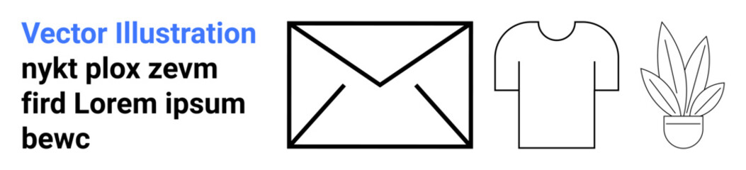 Envelope, plain t-shirt, and potted plant in minimal black-and-white outline design. Ideal for mail, fashion, minimalism, environment, lifestyle, online shopping flat landing page banner