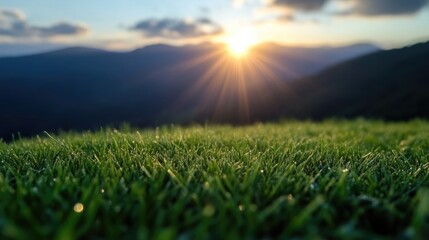Lush green grass field at sunset. Mountain backdrop