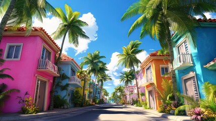 Fototapeta premium Colorful houses, palm-lined street, sunny Caribbean