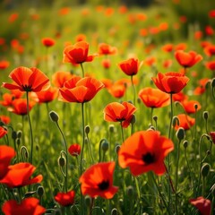 Fototapeta premium Vibrant red poppies blooming in a sunlit spring meadow, stems, rural, delicate
