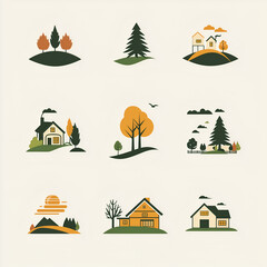 Fototapeta premium <Rural Autumn Landscape Illustration with Fall Colors and Mountain View: Peaceful Nature Scenery in Elegant Vector Art>