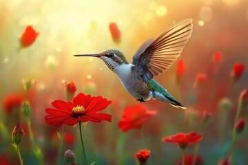 Naklejka premium Ruby-Throated Hummingbird in Flight with Red Flower in the Background