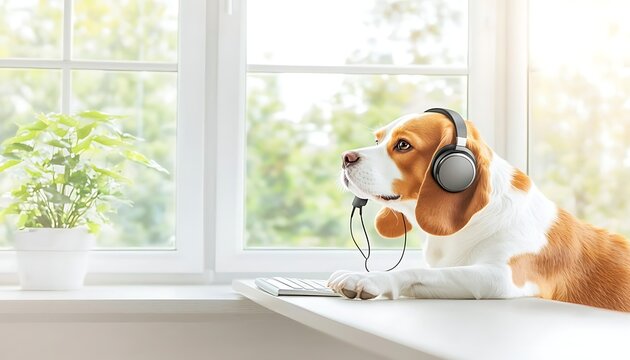 Beagle dog working from home office.