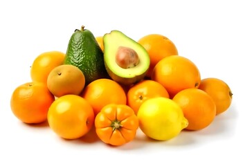 Assortment of winter fruits such as avocado tangerines kiwi lemon oranges and persimmons in a fruit isolated on white background